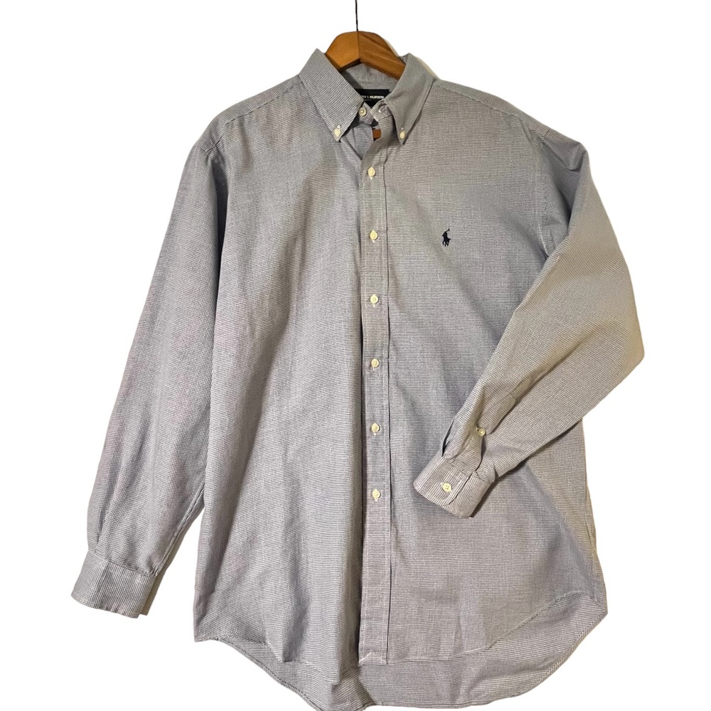 Ralph Lauren Golf Blue and White Houndstooth Plaid Long Sleeve Button Down